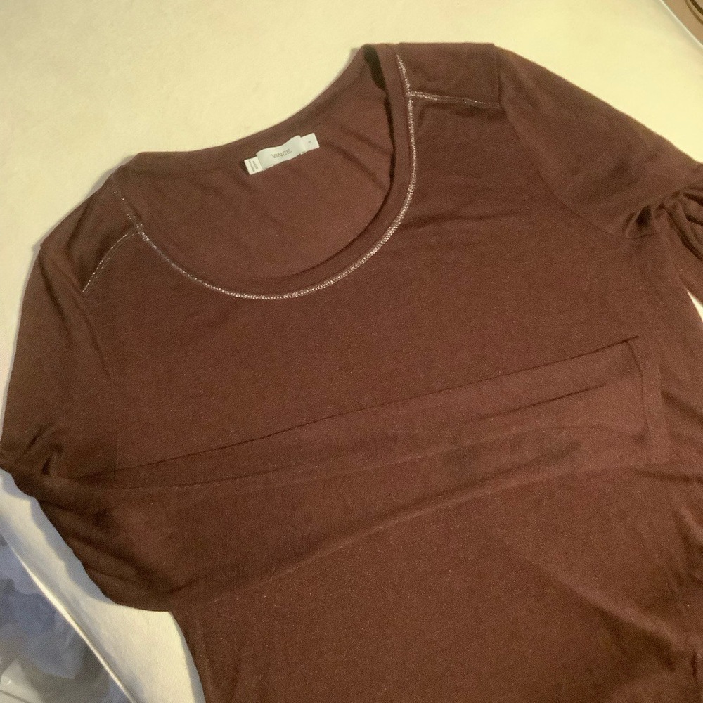 Vince Knit L/S Tee Size S Merlot Burgundy Silver Trim Modern Minimalist Polished